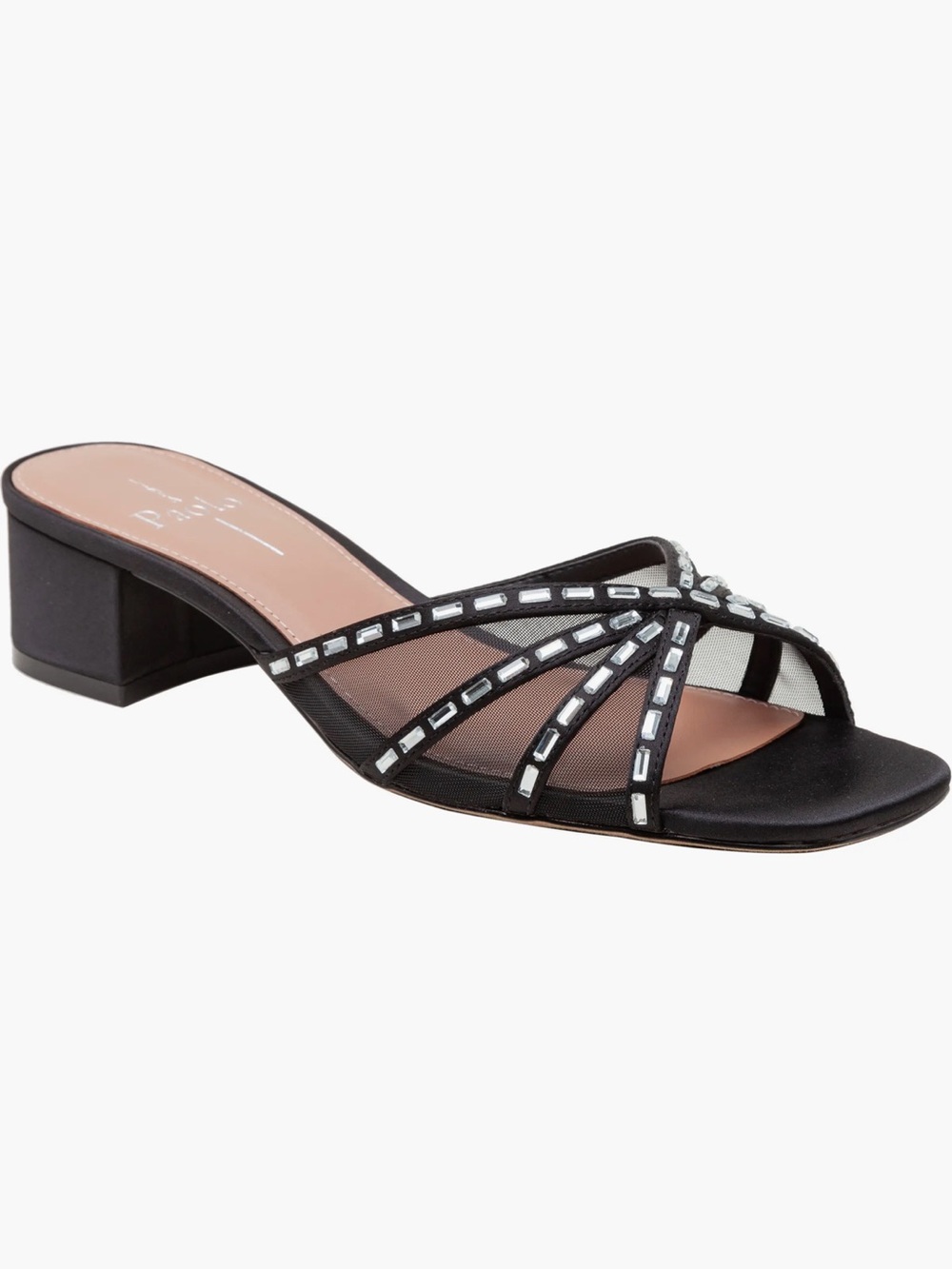 Linea Paolo Ivona Black Mules Low Block Heel Mesh Inserts Jewel Trim